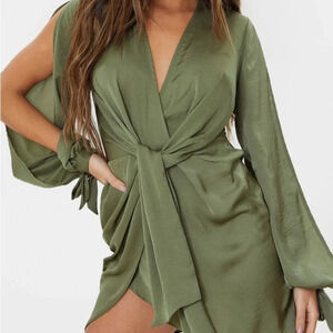 Pretty little thing satin twist front open sleeve  wraps dress,size 12